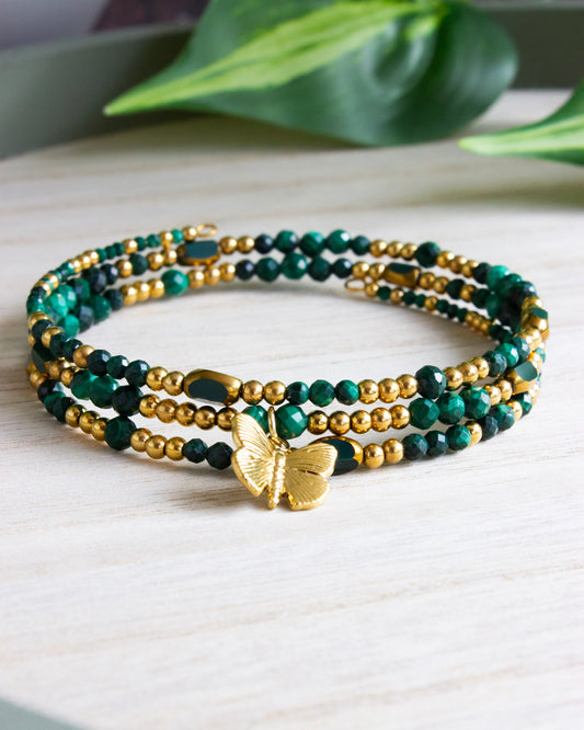 Wickelarmband "Butterfly" | Malachit | Gold | Edelstahl | AW001