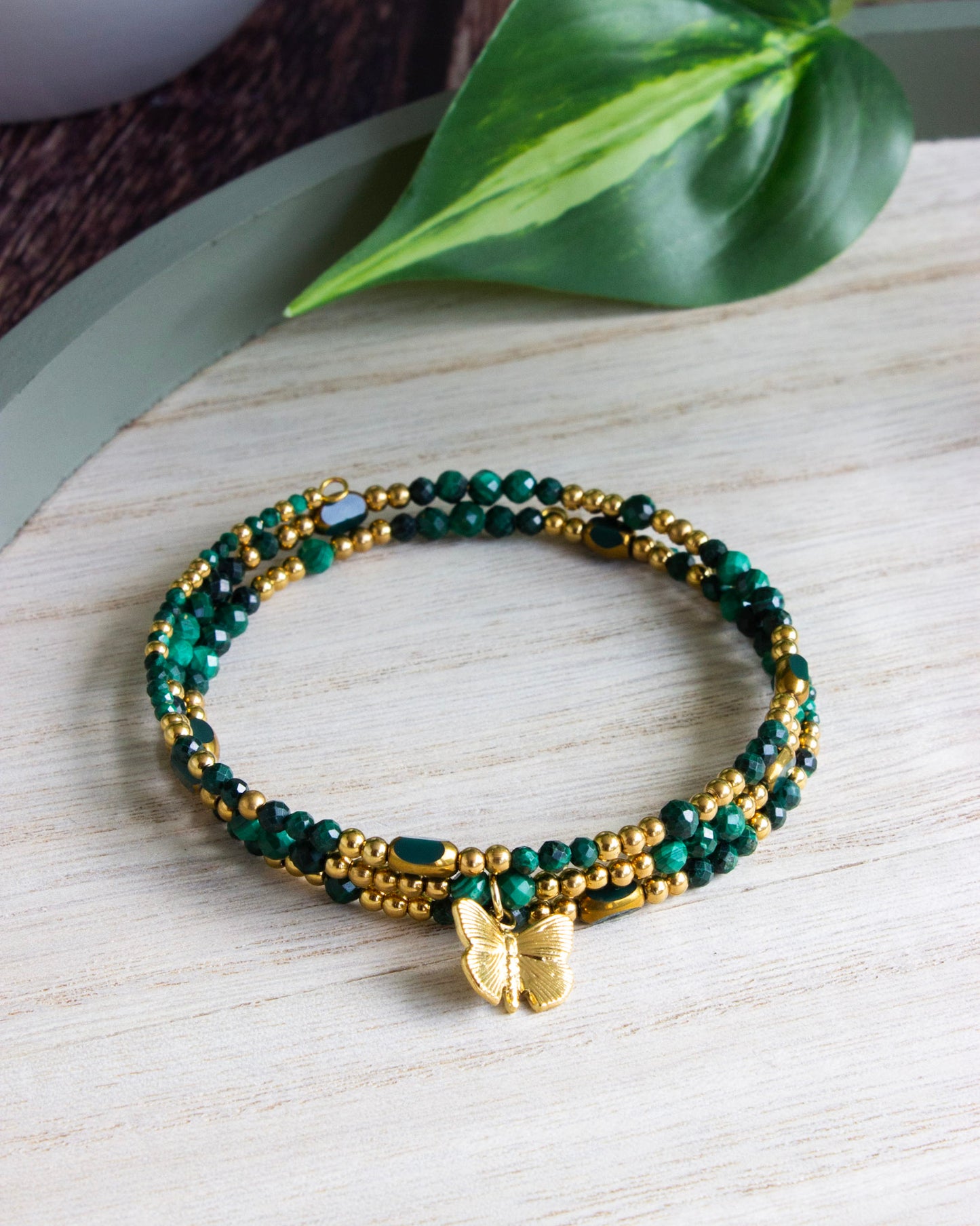 Wickelarmband "Butterfly" | Malachit | Gold | Edelstahl | AW001