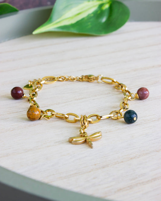 Verstellbares Armband Libelle| Ozeanachat | Edelstahl | Gold | AV036