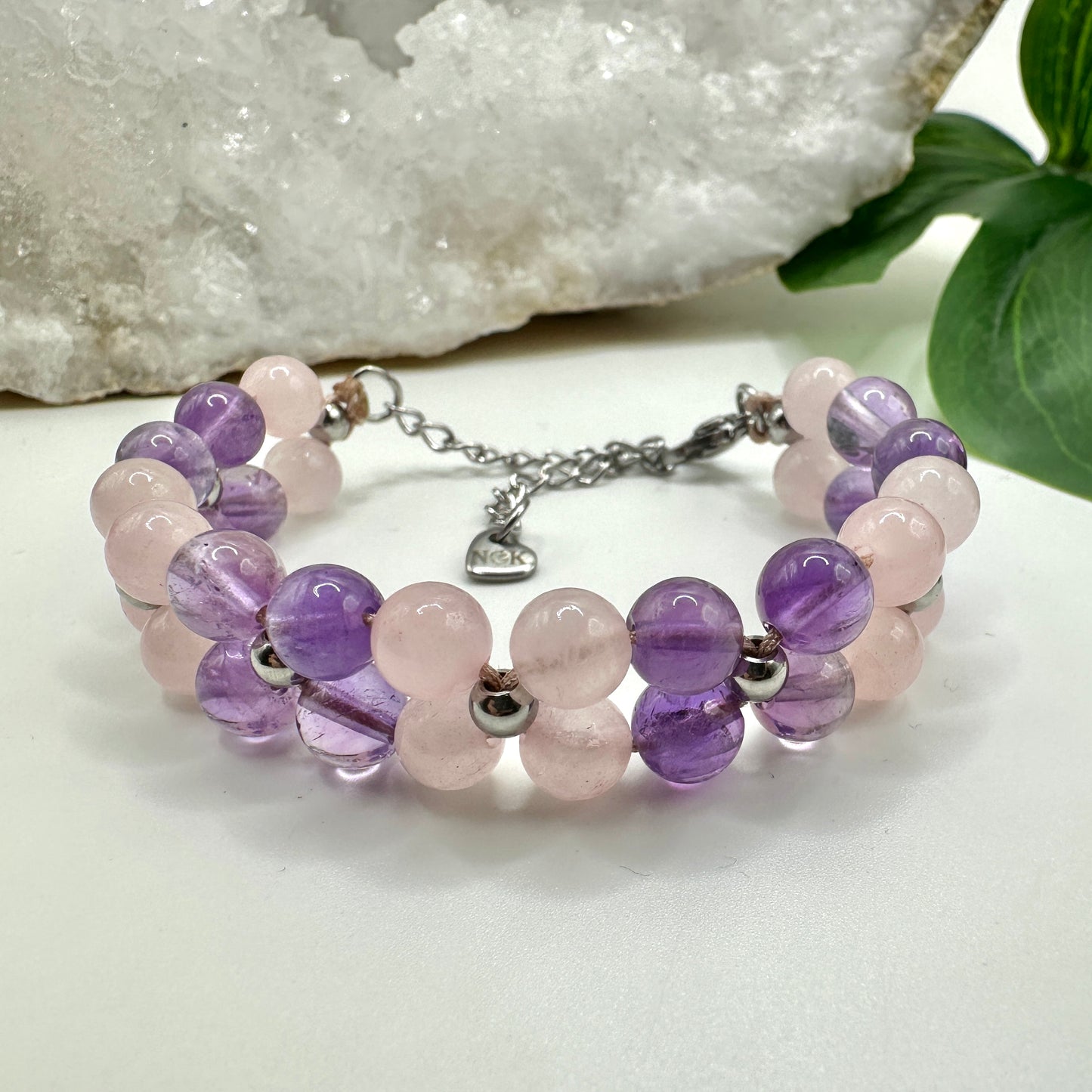 Beaded Armband Rosenquarz und Amethyst (AV015)