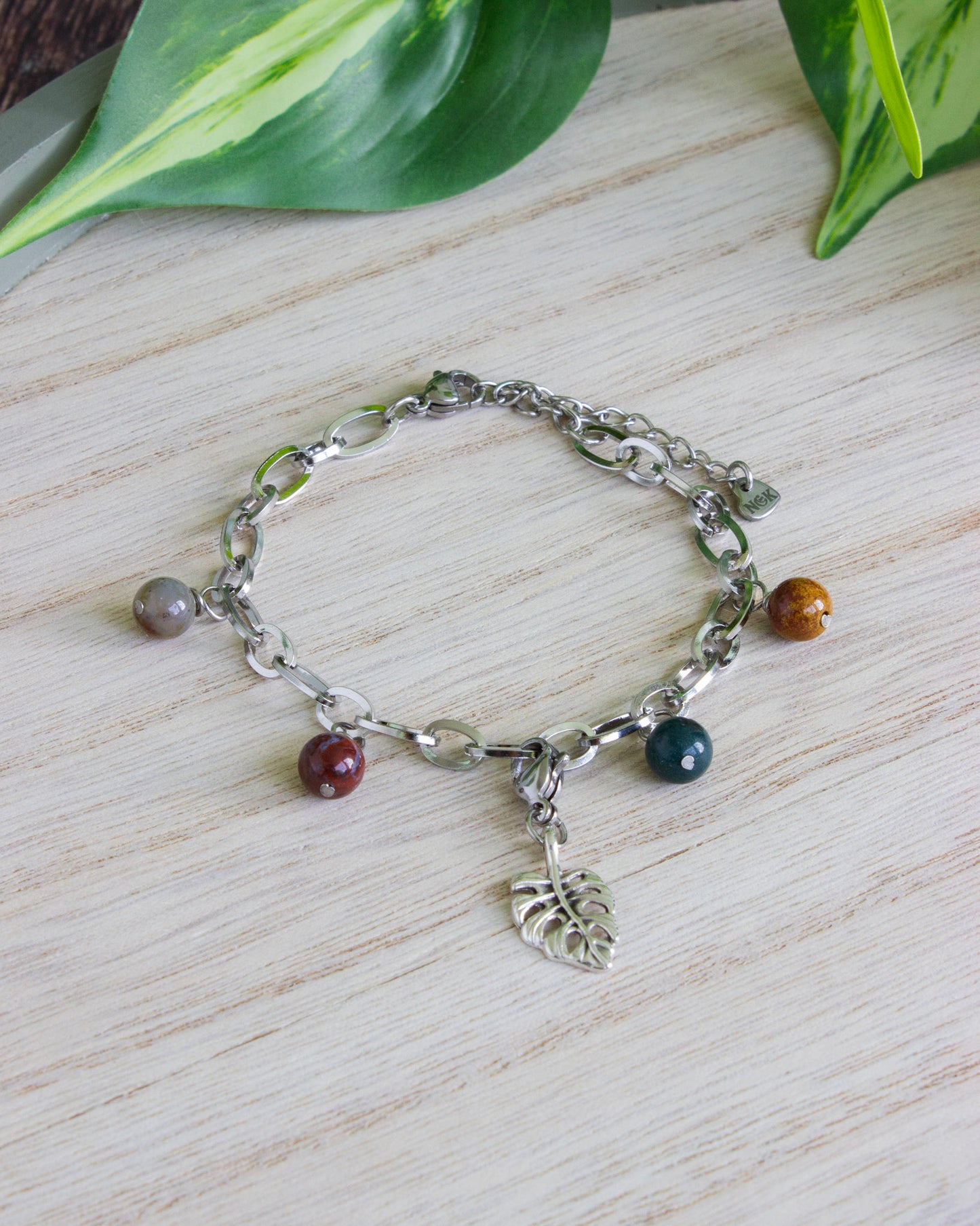 Verstellbares Armband Monstera | Ozeanachat | Edelstahl | Silber | AV037
