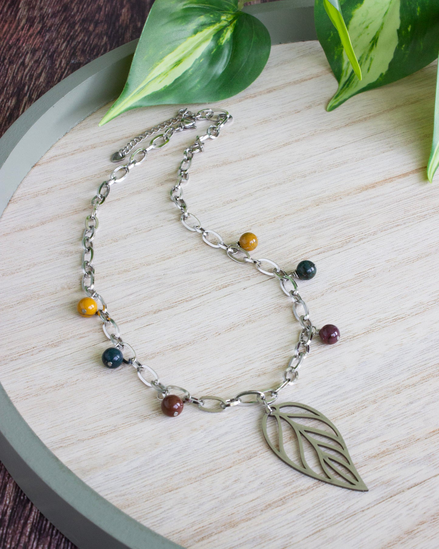 Kette Blatt | Ozeanachat | Edelstahl | Silber | KA006