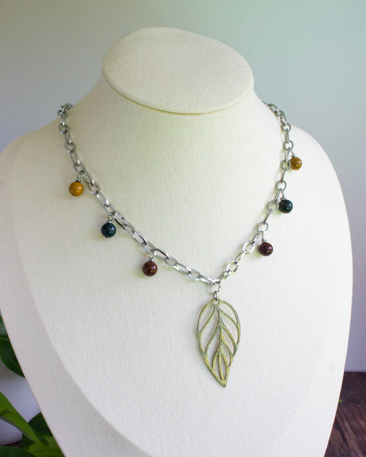 Kette Blatt | Ozeanachat | Edelstahl | Silber | KA006