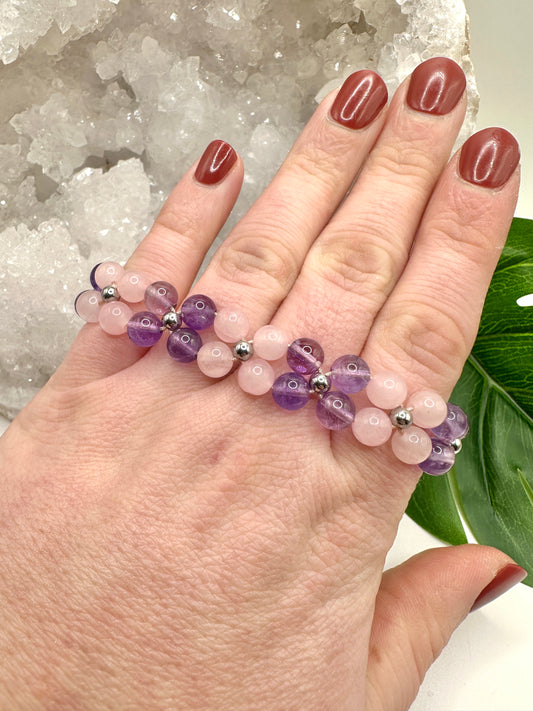 Beaded Armband Rosenquarz und Amethyst (AV015)