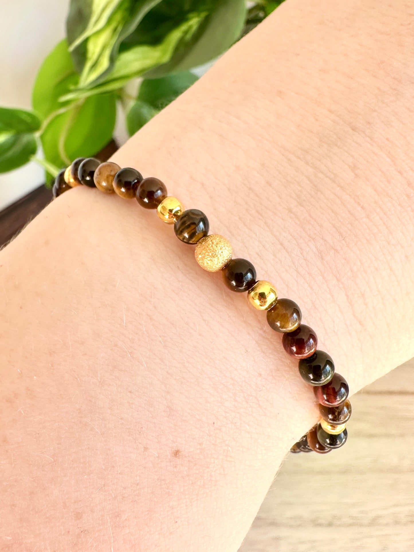 Elastisches Armband | Tigerauge | Edelstahl | Gold | AE122