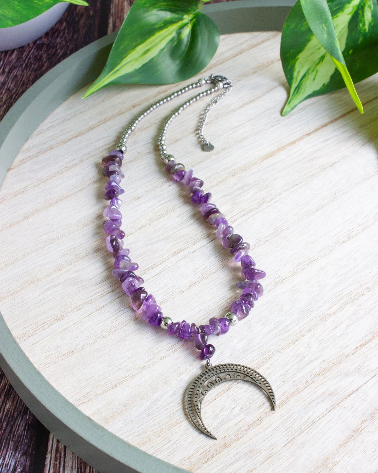 Kette | Boho Mond | Amethyst Splitter | Silber | Edelstahl | KS005