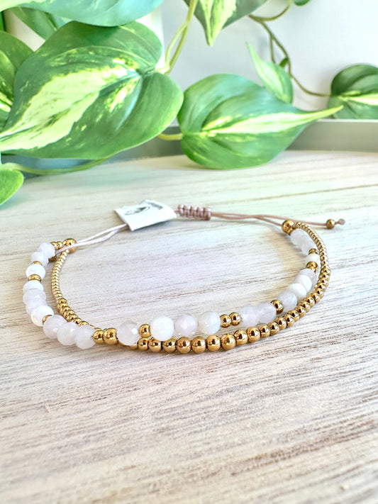 Layering Armband | Rosenquarz & Perlmutt | Gold | Edelstahl | AN007